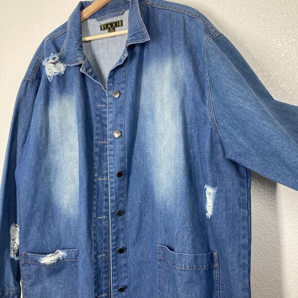 Taxi Denim Jacket Womens 3X Blue Distressed Longline Button Front Jean Coat - Picture 14 of 16